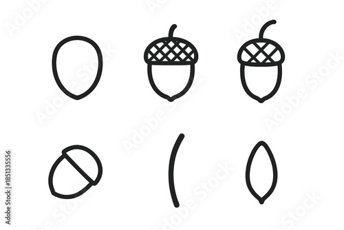 Line Style Acorn Icons. Line style icons of Acorn: whole acorn, acorn with cap, hanging acorn, curved nut, small stem, simple oak