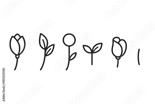 Botanical Line Art Icons. Line style icons of Bud: flower bud, leaf bud, rounded bloom start, small sprout, soft petal fold, tiny
