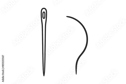 Needle Line Icons. Line style icons of Needle: straight needle, curved needle, pointed tip, simple shaft, fine line, minimal tool