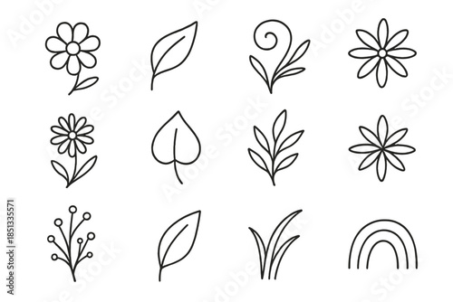 Minimal Nature Icons. Line style icons of Nature Details: tiny curves, soft shapes, minimal contours, delicate elements, gentle