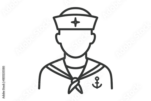 Seafarer Line Icons. Line style icons of Seafarers: sailor outline, curved hat form, navigation mark, gentle rope arc, tiny anchor