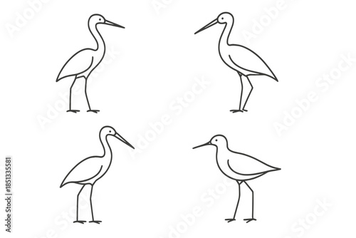 Wading Birds Icons. Line style icons of Wading Birds: slender body, long limb arc, gentle neck curve, subtle beak tip, minimal