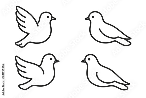 Peace Bird Icons. Line style icons of Peace Birds: calm wing line, rounded head, subtle beak tip, smooth body curve, light tail
