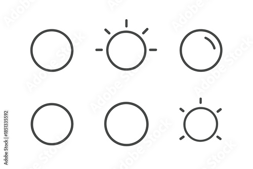 Light Orb Icons. Line style icons of Light Orbs: bright circle, subtle ray hints, curved shine line, minimal orb, gentle outline,