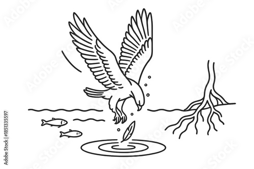 Clearwater Wing Fall Icons. Line style icons of Clearwater Wing Fall: descent pose, transparent water lines, tiny fish outline,