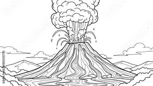 Volcano Erupting Smoke and Lava in Coloring Book Style Black and White Outline Line Art Drawing
