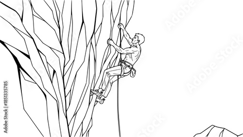 Vigorous Cliff Climber Engaged in Perilous Rock Climbing Sport Black and White Outline Line Art Drawing
