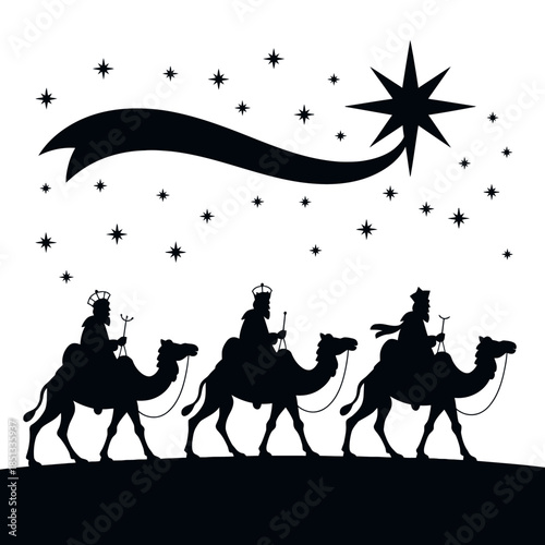 Silhouettes of three kings on camels are shown under a bright star.