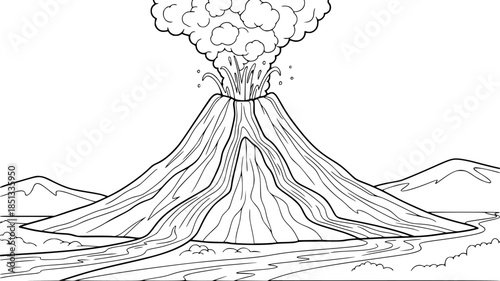 Volcano Erupting Smoke and Lava in Coloring Book Style Black and White Outline Line Art Drawing
