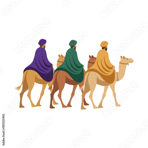 Three kings wearing colorful robes are on camels.