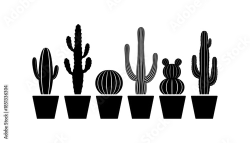 Cactus silhouette set of vector illustrations design, Various isolated  cactus logo shapes in black on white background, line art cactus desert flower character symbol, icon and sketch imitation