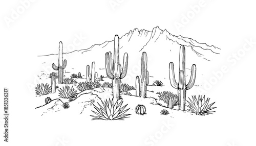 Cactus silhouette set of vector illustrations design, Various isolated  cactus logo shapes in black on white background, line art cactus desert flower character symbol, icon and sketch imitation