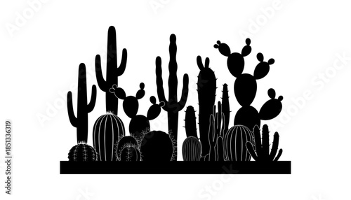 Cactus silhouette set of vector illustrations design, Various isolated  cactus logo shapes in black on white background, line art cactus desert flower character symbol, icon and sketch imitation