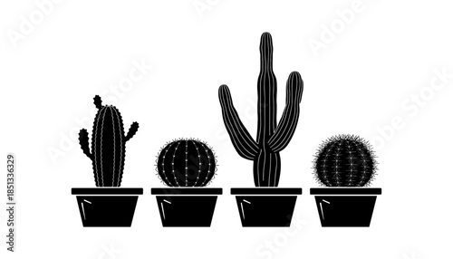 Cactus silhouette set of vector illustrations design, Various isolated  cactus logo shapes in black on white background, line art cactus desert flower character symbol, icon and sketch imitation