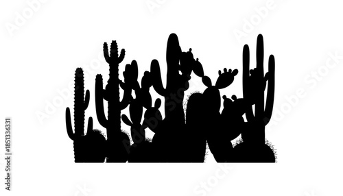 Cactus silhouette set of vector illustrations design, Various isolated  cactus logo shapes in black on white background, line art cactus desert flower character symbol, icon and sketch imitation