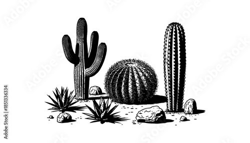 Cactus silhouette set of vector illustrations design, Various isolated  cactus logo shapes in black on white background, line art cactus desert flower character symbol, icon and sketch imitation