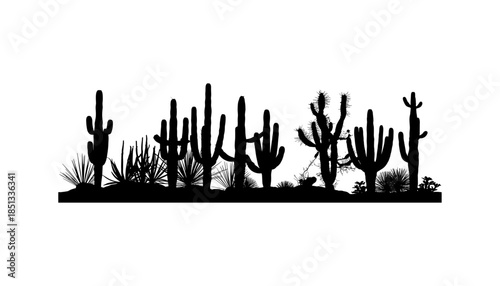 Cactus silhouette set of vector illustrations design, Various isolated  cactus logo shapes in black on white background, line art cactus desert flower character symbol, icon and sketch imitation