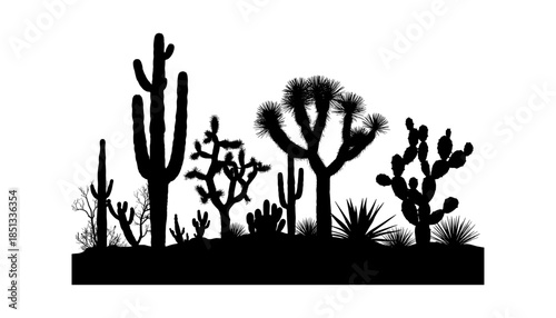 Cactus silhouette set of vector illustrations design, Various isolated  cactus logo shapes in black on white background, line art cactus desert flower character symbol, icon and sketch imitation