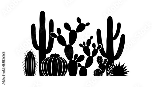 Cactus silhouette set of vector illustrations design, Various isolated  cactus logo shapes in black on white background, line art cactus desert flower character symbol, icon and sketch imitation