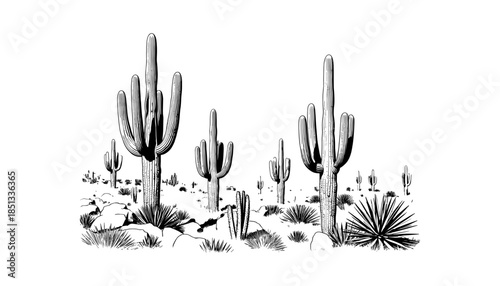 Cactus silhouette set of vector illustrations design, Various isolated  cactus logo shapes in black on white background, line art cactus desert flower character symbol, icon and sketch imitation