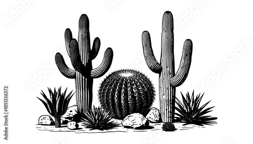 Cactus silhouette set of vector illustrations design, Various isolated  cactus logo shapes in black on white background, line art cactus desert flower character symbol, icon and sketch imitation