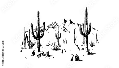 Cactus silhouette set of vector illustrations design, Various isolated  cactus logo shapes in black on white background, line art cactus desert flower character symbol, icon and sketch imitation