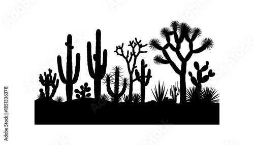 Cactus silhouette set of vector illustrations design, Various isolated  cactus logo shapes in black on white background, line art cactus desert flower character symbol, icon and sketch imitation