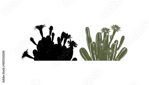 Cactus silhouette set of vector illustrations design, Various isolated  cactus logo shapes in black on white background, line art cactus desert flower character symbol, icon and sketch imitation