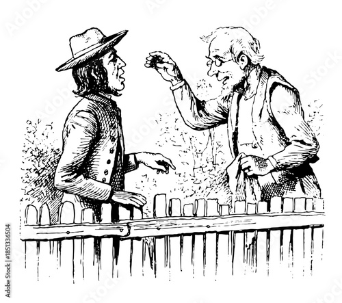 Two Men Talking at the fence, one waving his hand.