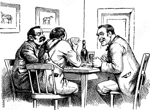 Men with cards, playing a card game, seated at a table with a bottle and poker chips  on it. 1800s vintage