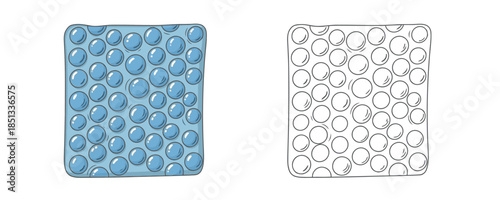 Two pieces of bubble wrap in cartoon and outline styles with blue and white colors represent protective packaging material for shipping and moving on white background