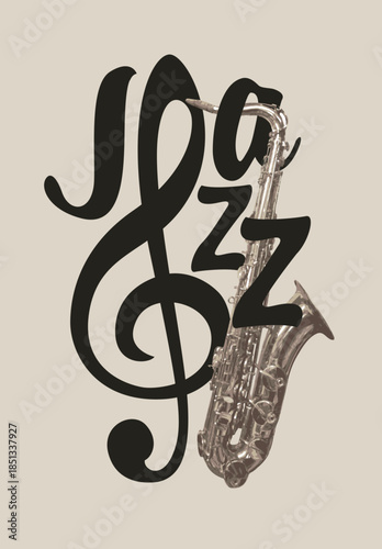 Vector logo, or banner for a jazz music with a saxophone, treble clef and decorative lettering. Suitable for flyer, invitation, poster, cover, icon, design element, advertising. No ai