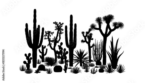 Cactus silhouette set of vector illustrations design, Various isolated  cactus logo shapes in black on white background, line art cactus desert flower character symbol, icon and sketch imitation
