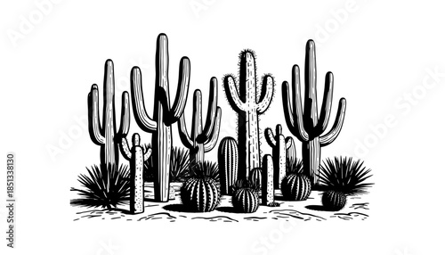 Cactus silhouette set of vector illustrations design, Various isolated  cactus logo shapes in black on white background, line art cactus desert flower character symbol, icon and sketch imitation