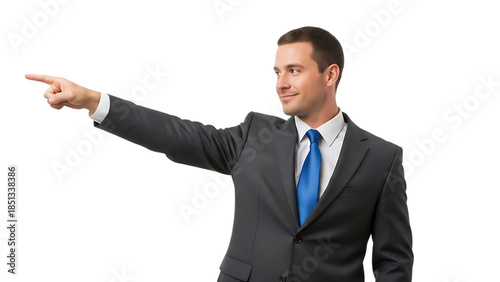 Confident business professional in formal suit pointing forward with assertive gesture, symbolizing leadership, vision, corporate strategy, success, and direction on transparent background