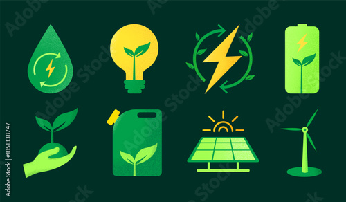 Grainy Green Energy clipart Icons Set for Sustainable Environment Concepts
