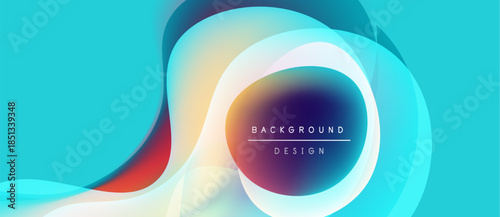 Abstract flowing shapes, vibrant colors, modern design. Turquoise background with gradient overlays, text reads background design. Smooth curves create dynamic visual.