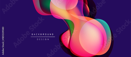 Abstract fluid shapes overlap, creating vibrant color gradients. Purple background enhances dynamic visual effect. Design elements suggest movement, energy.