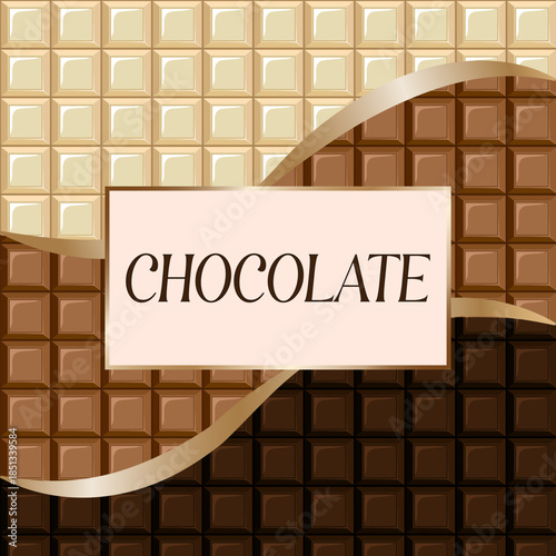 Banner made of chocolate in different colors and frames with text.Multicolored chocolate with decor in vector illustration.
