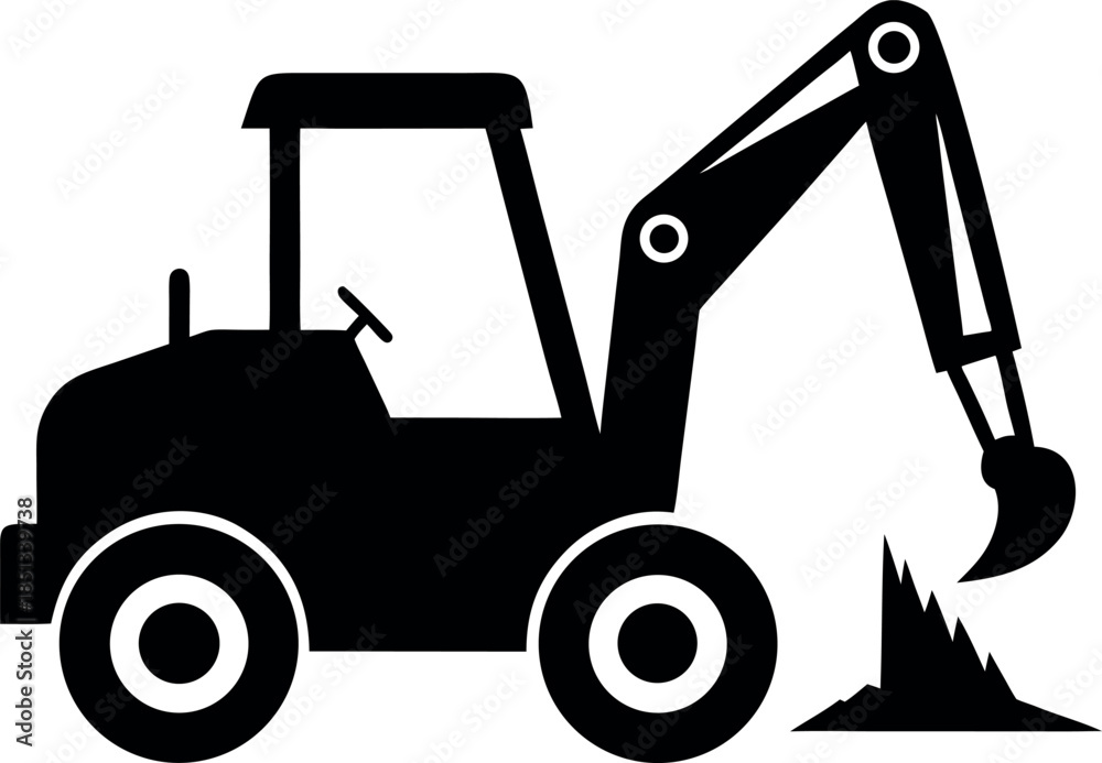 Naklejka premium Black Silhouette Backhoe Loader Digging Dirt with Rear Bucket and Large Wheels