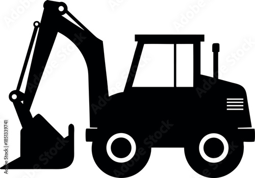 Black Silhouette Backhoe Loader with Digging Arm and Two Wheels