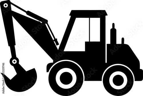 Black Silhouette of Backhoe Loader with Front and Rear Buckets