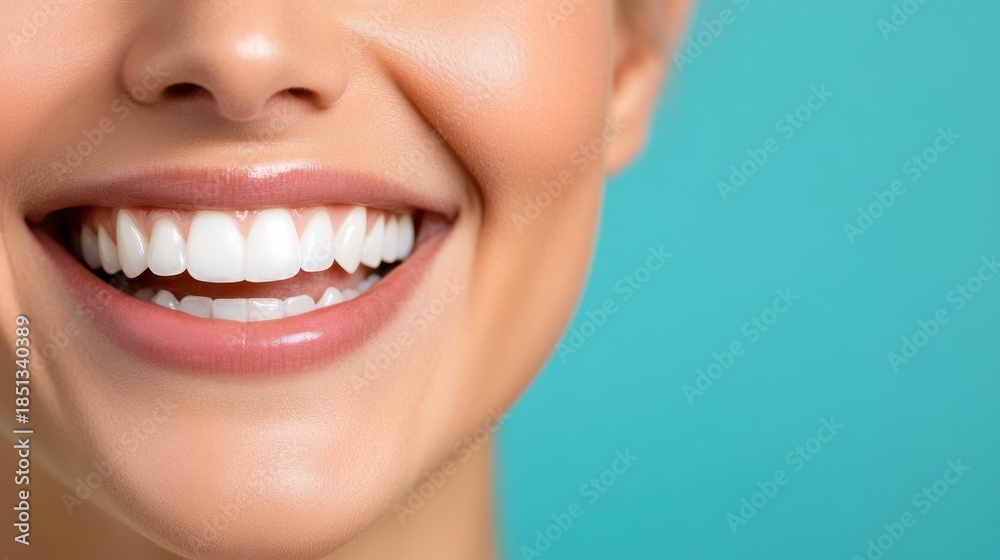 Fototapeta premium Woman happily smiles while using dental flosser in bright blue setting