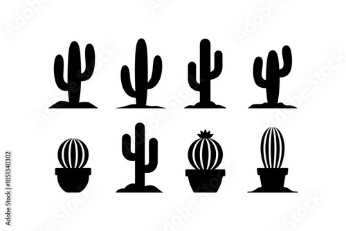 Cactus silhouette set of vector illustrations design, Various isolated  cactus logo shapes in black on white background, line art cactus desert flower character symbol, icon and sketch imitation