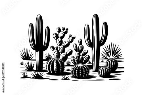 Cactus silhouette set of vector illustrations design, Various isolated  cactus logo shapes in black on white background, line art cactus desert flower character symbol, icon and sketch imitation