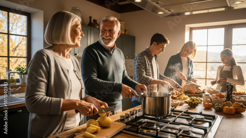 Happy senior couple cooking a holiday dinner with family at home high quality,4K