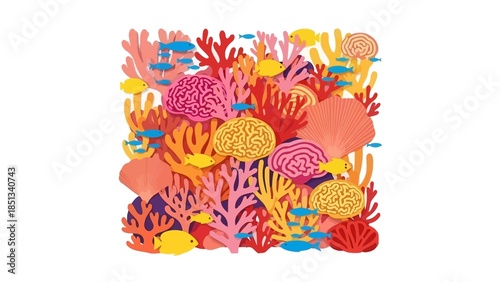 Vibrant Coral Reef and Tropical Fish Illustration