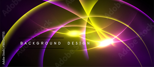 Abstract design features vibrant purple, yellow curves. Bright light radiates from center, creating dynamic visual effect. Background is black.