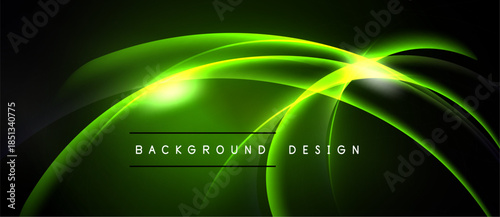 Abstract green energy flow. Dynamic curves create bright focal point over dark background. Modern design element.