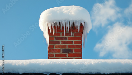 House rooftop covered in heavy snow after winter storm. Chimney and gutter visible under clear blue sky. Heavy snow buildup threatens